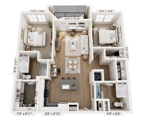 Floor plan for 2 beds, 2 baths, 1134 sqft